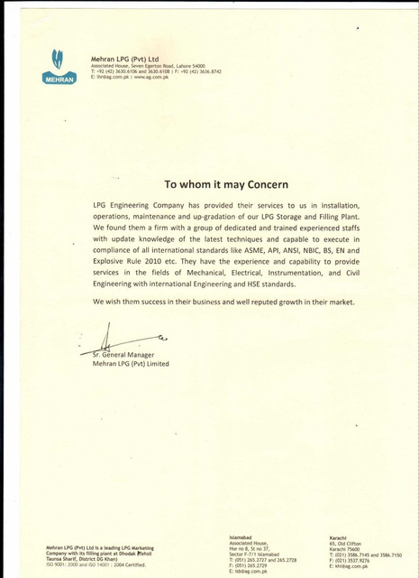 Mehran LPG reference letter