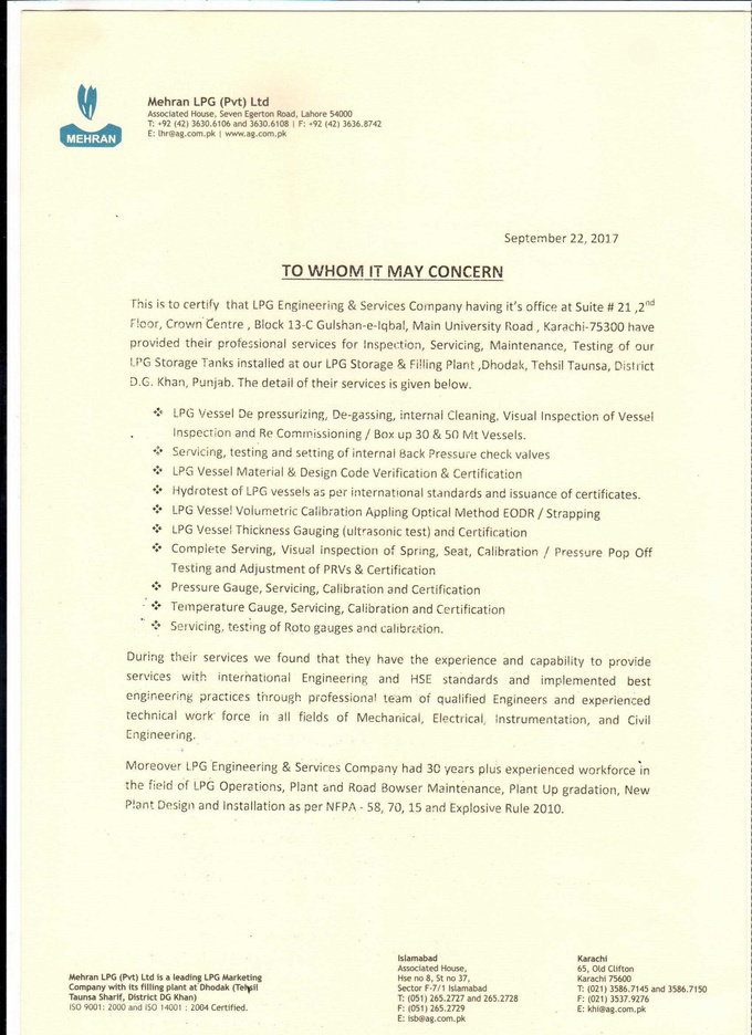 Mehran LPG reference letter